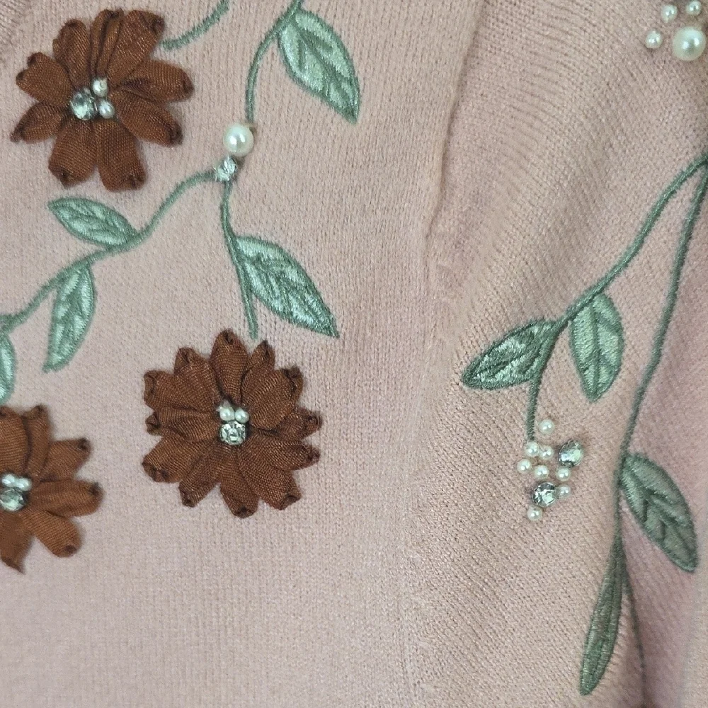 Pink Floral Embellished Knit Sweater